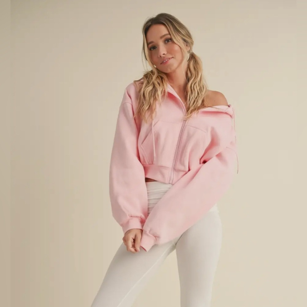 Pink Cropped zip up Hoodie - Picture 1 of 5